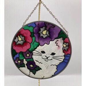 Vintage Smiling White Kitten Sun Catcher Purple/Red Flowers Glass